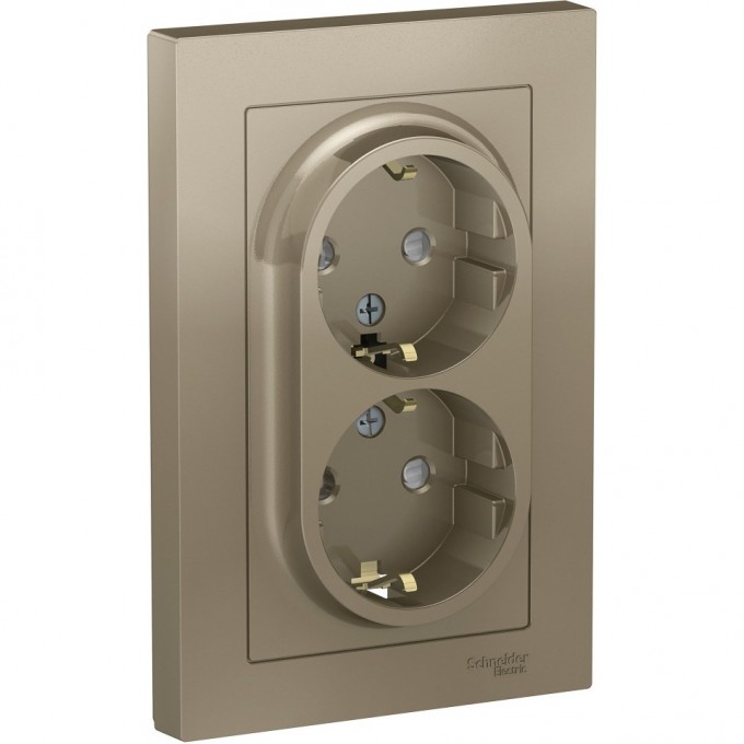 Розетка двойная SCHNEIDER ELECTRIC ATLASDESIGN с заземлением, со шторками, в сборе, шампань ATN000526